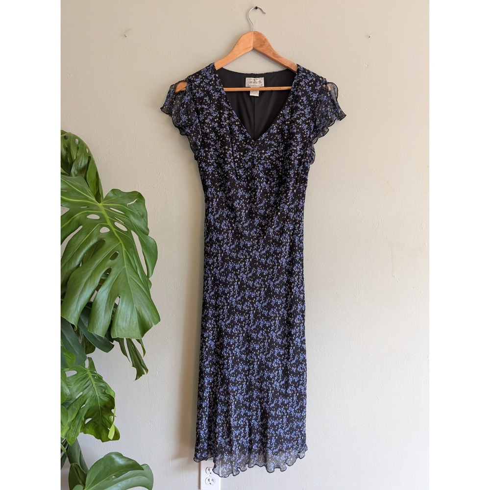 Y2K Babydoll Floral Dress Blue Flutter Sleeve Cottagecore Dark Floral Whimsigoth